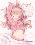  1girl :d animal_ears arms_up bangs bed_sheet blush brown_hair bunny_ears commentary_request drawstring drooling eyebrows_visible_through_hair eyes_closed facing_viewer jacket kurokuma_(kuro_kumagaya) long_hair long_sleeves lying navel on_back open_mouth original pillow pink_jacket plaid polka_dot_jacket pom_pom_(clothes) sleeping sleeves_past_wrists smile solo stomach under_covers zzz 