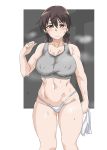  1girl absurdres blush breasts brown_eyes brown_hair erect_nipples gertrud_barkhorn highres large_breasts long_hair looking_at_viewer navel panties shiny shiny_hair shiny_skin skindentation solo standing strike_witches sweat tank_top tavor_(m_tavor) twintails underwear white_panties world_witches_series 