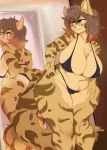  anthro big_breasts biting_lip breasts butt camel_toe chest_tuft clothing felid feline female fluffy fluffy_tail geeflakes green_eyes hi_res leopard mammal mirror nipple_outline pantherine reflection slightly_chubby solo swimsuit thick_thighs tuft voluptuous wide_hips 