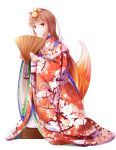  1girl alternate_costume animal_ears bangs brown_hair fan floral_print fudo_shin furisode hair_ornament highres holding holding_fan holo japanese_clothes kimono kneeling long_hair looking_at_viewer nail_polish obi print_kimono red_eyes red_nails sash shiny shiny_hair simple_background solo spice_and_wolf tail white_background wolf_ears wolf_tail 