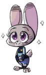  anthro blush bulletproof_vest chibi clothed clothing dipstick_ears disney female fingerless_gloves fuel_(artist) gloves judy_hopps lagomorph mammal police_uniform purple_eyes rabbit simple_background smile solo sparkles standing toeless_shoes uniform white_background zootopia 