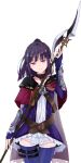  1girl atelier_(series) atelier_totori black_hair brown_eyes capelet cowboy_shot dress elbow_gloves fingerless_gloves gloves head_tilt high_ponytail highres holding_polearm long_hair looking_at_viewer maromi_(am97) mimi_houllier_von_schwarzlang purple_gloves purple_legwear red_capelet shiny shiny_hair short_dress simple_background solo standing thigh_strap thighhighs white_background zettai_ryouiki 
