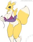  2019 anthro armwear big_breasts biped black_nose black_sclera blue_eyes bra breasts butt canid canine canis claws clothed clothing digimon digimon_(species) dipstick_tail female fluffy fluffy_tail fur gloves hi_res looking_at_viewer mammal mostly_nude multicolored_tail renamon rtr simple_background solo standing thick_thighs torn_clothing underwear wardrobe_malfunction white_fur yellow_fur 