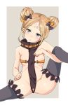  1girl abigail_williams_(fate/grand_order) absurdres alternate_costume artist_request bangs bare_arms bare_shoulders belt black_bow black_legwear blonde_hair blue_eyes blush bow breasts brown_belt commentary_request double_bun fate/grand_order fate_(series) gluteal_fold hair_bow hat highres looking_at_viewer orange_bow parted_bangs short_hair sitting small_breasts solo spread_legs thighhighs 