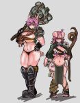  2girls animal_ears artist_request blush breasts cleavage grin hair_over_eyes hammer highres huge_breasts large_breasts looking_at_viewer monster_girl_encyclopedia multiple_girls orc orc_(monster_girl_encyclopedia) potion smile staff standing tagme tail thick_thighs thighs weapon 