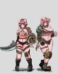  2girls animal_ears artist_request blush breasts cleavage grin highres large_breasts looking_at_viewer monster_girl_encyclopedia multiple_girls navel orc orc_(monster_girl_encyclopedia) pink_hair red_eyes scar shield short_hair smile standing sword thick_thighs thighs weapon 
