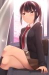  1girl apollo_(hu_maple) brown_eyes brown_hair chair cherry_blossoms classroom closed_mouth highres legs_crossed long_sleeves looking_at_viewer original ponytail red_neckwear school_uniform sitting skirt smile solo thighs uniform 