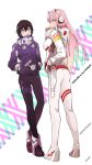  1boy 1girl absurdres black_pants candy chicke_iii copyright_name darling_in_the_franxx food full_body green_eyes hairband hand_in_pocket hands_in_pocket headphones highres hiro_(darling_in_the_franxx) horns lollipop long_hair long_sleeves looking_at_viewer pants pink_hair shiny shiny_hair standing sweater very_long_hair white_background white_hairband white_pants white_sweater zero_two_(darling_in_the_franxx) 