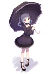  1girl black_dress black_footwear black_umbrella blush breasts collarbone commentary dress drill_hair eyebrows_visible_through_hair gothic_lolita grey_hair hair_ribbon highres holding holding_umbrella idolmaster idolmaster_cinderella_girls kanzaki_ranko lolita_fashion long_hair looking_at_viewer medium_breasts open_mouth pantyhose raizen_(jung_0000) red_eyes ribbon silver_hair simple_background solo twin_drills twintails umbrella white_background white_legwear 