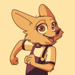  anthro canid canine cheek_tuft clothed clothing disney female fox fuel_(artist) happy looking_at_viewer mammal open_mouth open_smile overalls restricted_palette shock_collar simple_background skye_(zootopia) smile tuft yellow_background zootopia 
