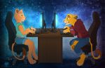 2019 4_toes anthro anthrofied bracelet brown_eyes chair clenched_teeth clothed clothing computer_keyboard computer_mouse digital_media_(artwork) disney dolphydolphiana duo felid female fur gaming glowing green_eyes hoodie jewelry lion male mammal monitor nala pantherine pink_nose playing_videogame raised_inner_eyebrows simba sitting smile sweat swivel_chair tan_fur teeth the_lion_king toes whiskers worried yellow_fur yellow_sclera 
