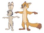  animal_genitalia anthro balls canid canine cheek_tuft chest_tuft dipstick_ears dipstick_tail disney duo ear_markings facial_markings fox fuel_(artist) fully_sheathed fur_markings gloves_(marking) head_tuft jack_savage lagomorph male mammal markings multicolored_tail nick_wilde nude rabbit red_fox sheath simple_background socks_(marking) standing tpose tuft white_background zootopia 