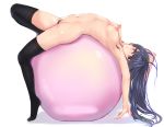  1girl arched_back armpit_hair armpits arms_up ball bangs black_legwear blue_hair blush breasts commentary_request eyebrows_visible_through_hair flower from_side full_body highres leg_up long_hair looking_at_viewer looking_to_the_side medium_breasts mukatsukulsp navel nude original parted_lips pubic_hair puffy_nipples red_eyes simple_background solo stomach thighhighs white_background 