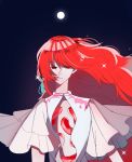  1other alternate_costume androgynous crystal_hair full_moon gem houseki_no_kuni long_hair looking_at_viewer moon night open_clothes padparadscha_(houseki_no_kuni) red_eyes red_hair sad solo spoilers upper_body wavy_hair wide_sleeves 