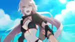  1girl bikini black_bikini black_gloves black_sleeves blue_sky bracelet breasts choker cleavage cloud collarbone day eyebrows_visible_through_hair fate/grand_order fate_(series) floating_hair gloves hair_between_eyes holding_hand jeanne_d&#039;arc_(alter_swimsuit_berserker) jeanne_d&#039;arc_(fate)_(all) jewelry lens_flare long_hair looking_at_viewer medium_breasts o-ring o-ring_bikini open_mouth outdoors sakamoto_bin shiny shiny_skin shrug_(clothing) silver_hair sky sun sunlight sweatdrop swimsuit upper_body very_long_hair yellow_eyes 