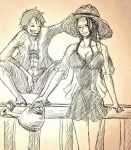  1boy 1girl artist_request breasts cleavage dress long_dress long_hair monkey_d_luffy nico_robin one_piece smile source_request 