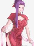  1girl absurdres alternate_costume alternate_hairstyle breasts brown_eyes china_dress chinese_clothes cleavage dress fire_emblem fire_emblem_echoes:_mou_hitori_no_eiyuuou highres large_breasts long_hair nintendo parted_lips purple_hair side_slit simple_background smile solo sonia_(fire_emblem_gaiden) standing the_kingduke twitter_username white_background 