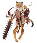  1girl animal_ears breasts cleavage club dark_skin feathers fur_collar grin hair_between_eyes highres kenkou_cross light_brown_hair loincloth macuahuitl mask medium_breasts monster_girl monster_girl_encyclopedia navel ocelomeh_(monster_girl_encyclopedia) ocelot_ears ocelot_tail paws revealing_clothes short_hair slit_pupils smile solo spiked_club weapon yellow_eyes 