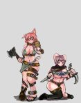  2girls animal_ears artist_request axe blush breasts cleavage dagger grin highres large_breasts looking_at_viewer monster_girl_encyclopedia multiple_girls navel orc orc_(monster_girl_encyclopedia) pink_hair short_hair smile toes weapon 