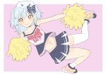 1boy absurdres animal_ears black_bow black_skirt blue_bow blue_hair blush bow cheerleader closed_mouth crossdressing dog_ears donguri_suzume full_body hair_between_eyes hair_bow highres inuyama_tamaki looking_at_viewer mismatched_legwear navel pink_footwear pom_poms single_thighhigh skin_fang skirt sleeveless smile solo striped striped_bow thighhighs trap tsukudani_norio_channel two_side_up virtual_youtuber white_legwear 