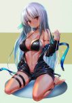  1girl azur_lane bare_shoulders barefoot bike_shorts blush breasts choker cleavage dark_skin eyebrows_visible_through_hair full_body full_body_tattoo highres jacket large_breasts long_hair looking_at_viewer massachusetts_(azur_lane) navel off_shoulder red_eyes silver_hair sitting solo tattoo very_long_hair wariza west_(vaem5527) 