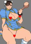  1girl areola_slip areolae breasts brown_eyes brown_hair capcom chun-li cleavage double_bun highres huge_breasts papepox2 sitting smile solo street_fighter 