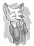  anthro canid canine cheek_tuft clothed clothing dipstick_ears disney eyes_closed fan_character female fox fuel_(artist) grey_background greyscale head_tuft jacket mammal monochrome neck_tuft open_mouth open_smile patch_(fabric) rosie_(zootopia) simple_background smile solo tuft white_background zootopia 