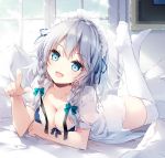  1girl :d bangs black_ribbon blue_bra blue_eyes blush bow bra braid breasts cleavage collarbone collared_shirt commentary_request day eyebrows_visible_through_hair feet feet_up hair_bow hand_up head_tilt headdress index_finger_raised izayoi_sakuya lace_trim large_breasts legs_crossed legs_up light_particles long_hair looking_at_viewer lying maid_headdress medium_breasts mochizuki_shiina no_shoes on_bed on_stomach open_clothes open_mouth open_shirt pillow pointing pointing_at_viewer puffy_short_sleeves puffy_sleeves ribbon shirt short_hair short_sleeves silver_hair smile solo thighhighs thighs touhou twin_braids underwear white_legwear white_shirt window 