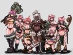  6+girls ahoge animal_ears axe blush breasts cleavage curvy dagger dark_skin grin hair_over_eyes hammer high_orc_(monster_girl_encyclopedia) huge_breasts large_breasts monster_girl_encyclopedia multiple_girls navel orc orc_(monster_girl_encyclopedia) pink_hair potion scar short_hair smile staff standing sword thick_thighs thighs toes underboob weapon white_hair 