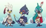  amber_eyes anthro apron avian beak bird bow breath_of_the_wild chibi claws clothing feathers green_eyes group hand_on_hip hands_behind_back holding_object holding_weapon kass_(zelda) looking_at_viewer male multicolored_feathers music_sheet ningukt nintendo open_mouth open_smile pants revali rito scarf simple_background smile standing talons teba_(zelda) the_legend_of_zelda video_games weapon winged_arms wings 