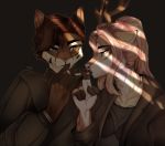  2019 5_fingers anthro breasts brown_hair canid canine clothed clothing digital_media_(artwork) duo facial_piercing felid feline female hair kristiana_puff male mammal nose_piercing nose_ring piercing pink_hair smoking 