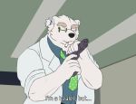  2019 anthro belly black_nose clossed_eyes clothing english_text eyewear fur gerboar gerbor glasses gun humanoid_hands leib_(tas) male mammal necktie polar_bear ranged_weapon shirt slightly_chubby smoking solo text tokyo_afterschool_summoners ursid ursine video_games weapon white_fur 