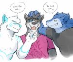  2019 5_fingers anthro canid canine canis clothed clothing dialogue domestic_dog domination english_text group hand_on_head hyenaface hypnosis male male/male male_domination mammal mind_control nivv_(pmd433) open_mouth sergal shirt simple_background speech_bubble spiral_eyes submissive_male text white_background wolf 