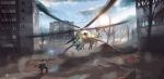  2019 aircraft ambiguous_gender city day detailed_background digital_media_(artwork) flying helicopter hi_res mechagen mi-35 open_mouth outside sky standing teeth tongue tree what 