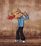  absurd_res anthro blood blue_jacket brain canid canine cel_shading finger_guns fox fur gore hi_res male mammal orange_fur photo_background skribbleydoo suicide teeth tongue toony 