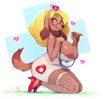  &lt;3 anthro big_breasts blonde_hair blush breasts brown_eyes canid canine canis cleavage clothed clothing cyancapsule dipstick_tail domestic_dog exposed_breasts eyelashes eyewear female flower footwear glasses grass hair hand_on_breast high_heels kneeling legwear long_ears looking_at_viewer mammal maple_(cyancapsule) multicolored_tail nipples nurse nurse_uniform partially_clothed pink_nipples plant shoes simple_background smile socks solo stethoscope thick_thighs thigh_highs uniform 