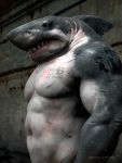  3d_(artwork) anthro blood_stain clothed clothing digital_media_(artwork) dominic_qwek fish gills hi_res male marine muscular navel scar shark sharp_teeth solo tattoo teeth topless 