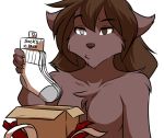  2019 annoyed anthro breasts brown_eyes brown_fur canid canine canis chest_tuft clothed clothing english_text featureless_breasts female fur gift grey_eyes hair heterochromia holding_object humor keidran legwear mammal monochrome natani simple_background socks solo text tom_fischbach topless tuft twokinds unamused webcomic white_background wolf 