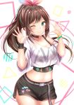  1girl ;) a.i._channel aqua_eyes bare_shoulders belt black_choker black_shorts breasts brown_hair choker closed_mouth collarbone commentary_request cowboy_shot crop_top crop_top_overhang floating_hair hairband hands_up highres kizuna_ai long_hair looking_at_viewer medium_breasts midriff multicolored_hair navel off-shoulder_shirt off_shoulder one_eye_closed ponytail shirt short_shorts short_sleeves shorts sidelocks smile solo standing star stomach streaked_hair tank_top thighs undershirt very_long_hair white_shirt wristband yuano 