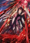  1girl :d bangs bare_shoulders black_dress black_hair breasts center_opening choker collarbone consort_yu_(fate) dress dual_wielding ear_piercing earrings fate/grand_order fate_(series) fire floating_hair fur_trim groin holding jewelry long_hair looking_at_viewer medium_breasts multiple_earrings navel open_mouth piercing red_eyes revealing_clothes sidelocks smile solo stomach strapless strapless_dress sword take_tw01 very_long_hair weapon wind 