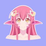  1girl artist_name artsy-rc bare_shoulders blue_background eyebrows_visible_through_hair face fang hair_between_eyes hair_ornament hairclip long_hair looking_at_viewer miia_(monster_musume) monster_girl monster_musume_no_iru_nichijou pointy_ears red_hair scales simple_background slit_pupils smile solo yellow_eyes 
