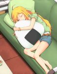  1girl 39degrees ahoge bare_arms bare_legs belt blonde_hair brown_belt commentary_request couch cup denim dot_nose eyebrows_visible_through_hair eyes_closed food green_pillow highres holding hoshii_miki idolmaster indoors jeans long_hair lying onigiri pants pillow pillow_hug short_shorts short_sleeves shorts sleeping smile solo table teacup tiles wristband 