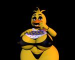  3d_(artwork) animatronic anthro apron avian beak big_breasts bird bra breasts chica_(fnaf) chicken clothed clothing digital_media_(artwork) eyebrows female five_nights_at_freddy&#039;s galliform gallus_(genus) huge_breasts looking_at_viewer machine overweight panties partially_(disambiguation) phasianid purple_eyes robot simple_background slightly_chubby smile solo thick_thighs underwear unknown_artist video_games wide_hips 