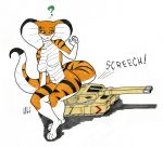  ! 2019 anthro big_breasts breasts context crossed_legs curvaceous eyebrows eyelashes featureless_breasts female green_eyes haibet machine macro nude ranged_weapon reptile scalie simple_background sitting size_difference snake solo stripes tank text thick_thighs traditional_media_(artwork) vehicle weapon 
