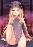  1girl abigail_williams_(fate/grand_order) alternate_costume bangs black_bow blonde_hair blush bow commentary_request cosplay detached_sleeves dress fate/grand_order fate_(series) feet_out_of_frame flat_chest flower hair_bow highres kama_(fate/grand_order) kama_(fate/grand_order)_(cosplay) keyhole knee_up long_hair looking_at_viewer orange_bow parted_bangs parted_lips pink_flower polka_dot polka_dot_bow purple_dress purple_sleeves red_eyes see-through shimokirin sitting solo steam very_long_hair 