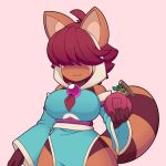  2018 ailurid anthro berry big_breasts breasts brown_fur chinese clothed clothing crankyconstruct dandan digital_media_(artwork) dress female food fruit fur hair hair_over_eyes japanese_clothing kimono lunar_regalia mammal nighthead paws pose red_fur red_hair red_panda ringtail rope short_hair short_stack simple_background smile solo stripes wide_hips 