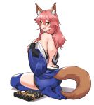  1girl animal_ear_fluff animal_ears areolae ass back bare_back blue_kimono blue_legwear blush breasts detached_sleeves fang fate/extra fate/grand_order fate_(series) fox_ears fox_girl fox_tail from_behind hair_between_eyes hair_down heart highres japanese_clothes kimono large_breasts long_hair looking_at_viewer looking_back mimyo nipples open_mouth pink_hair puffy_nipples seiza short_kimono simple_background sitting smile tail tamamo_(fate)_(all) tamamo_no_mae_(fate) thighs undressing white_background yellow_eyes 