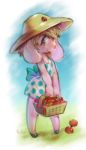  anthro apple arthropod basket beetle bow clothed clothing dress female food fruit fur hat hi_res insect ladybug lagomorph looking_at_viewer mammal panken pink_fur rabbit smile solo standing straw_hat 