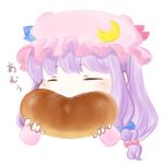  1girl ajitsuki anpan blue_bow blue_ribbon blush bow bread chibi commentary_request crescent crescent_moon_pin cropped_torso eating eyebrows_visible_through_hair eyes_closed food hair_bow hat hat_ribbon holding holding_food long_hair mob_cap pastry patchouli_knowledge purple_hair red_bow red_ribbon ribbon simple_background solo touhou translation_request upper_body white_background 