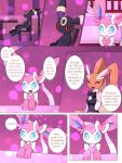  2019 ambiguous_gender anthro black_fur blue_eyes bow breasts brown_fur canid canine clothed clothing comic crossed_arms dialogue digital_media_(artwork) eeveelution english_text female fur group head_on_hand hi_res inside km-15 lagomorph lopunny mammal nintendo pok&eacute;mon pok&eacute;mon_(species) ribbons sitting sylveon teeth text umbreon video_games waiter 